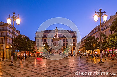 Sunset over Luis de Camoes square in Lisbon, Portugal. Editorial Stock Photo